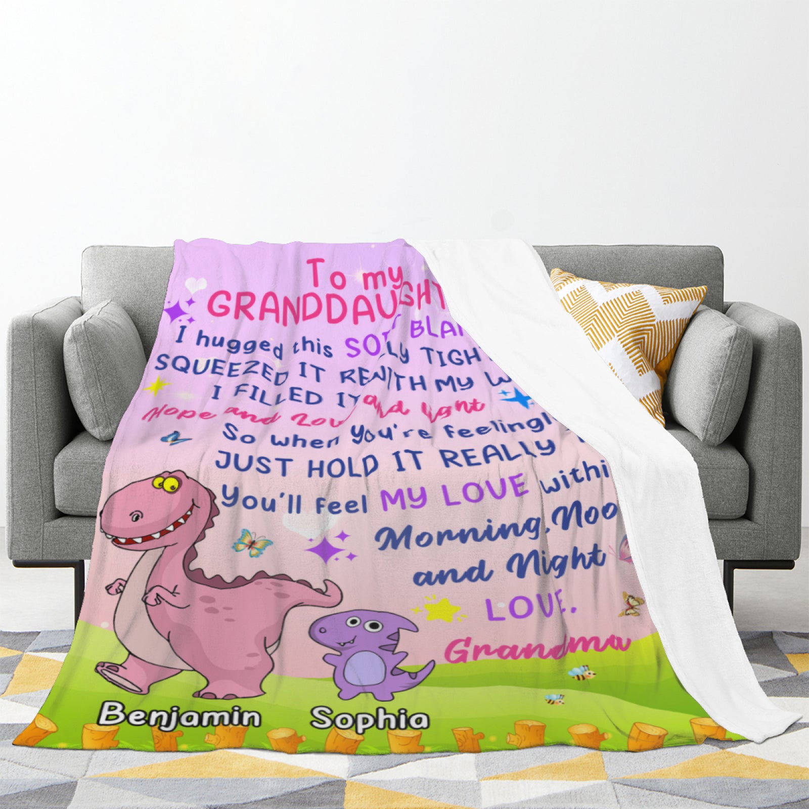 To My Granddaughter, Gift From Grandma, Custom Blanket with Name, Dinosaur Blanket, Family Blanket Gifts for Christmas, Birthday - colorfulcustom