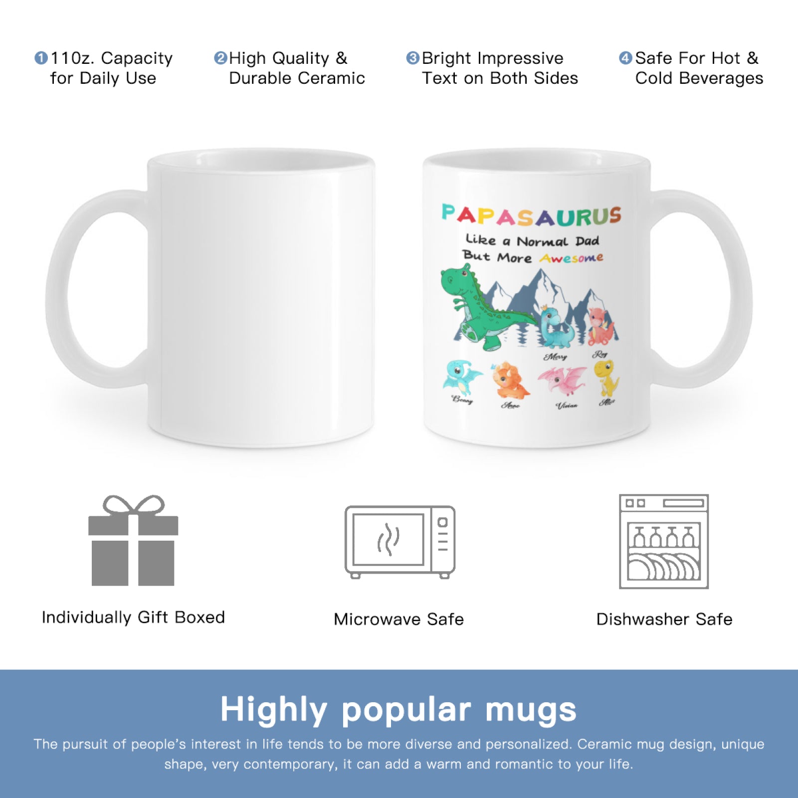 Custom Mug Personalized Coffee Mug, Papasaurus Custom Coffee Cup Customized Gifts for Birthday, Father's Day, Gift for Dad - colorfulcustom