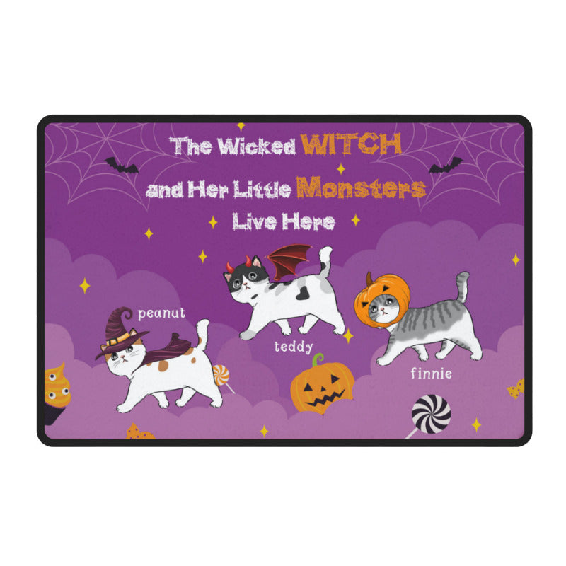 Halloween Walking Fluffy Cats, The Wicked Witch And Meownsters Live Here Personalized Doormat-The Best Gifts For Cat Lovers - colorfulcustom