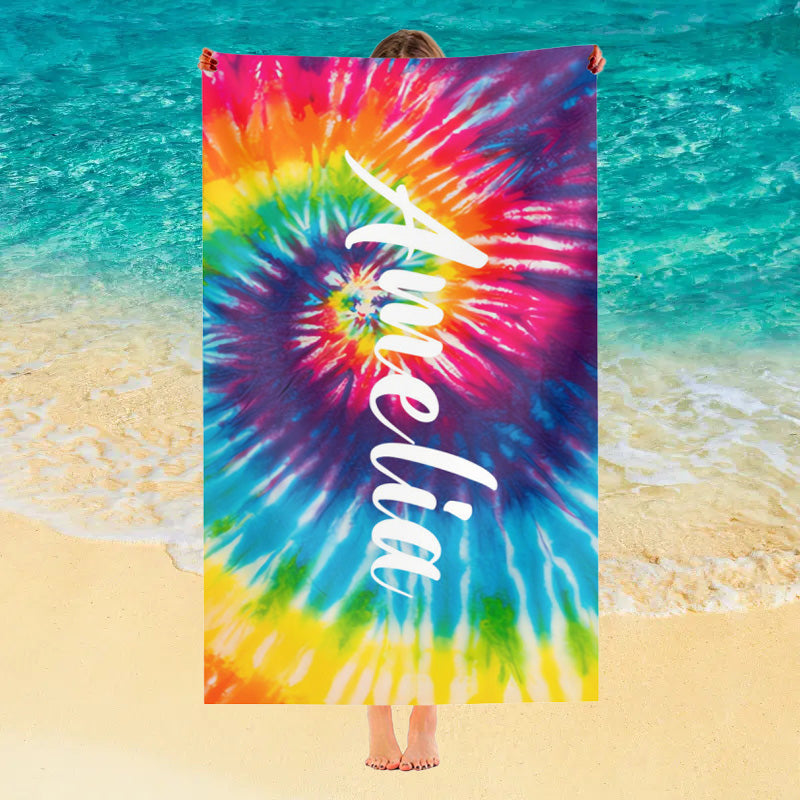 Personalized Name Beach Towel, Custom Rainbow Tie Dye Beach Towels with Name,Gifts For Her, Him, Besties, Family - Personalized Custom Beach Towel - colorfulcustom