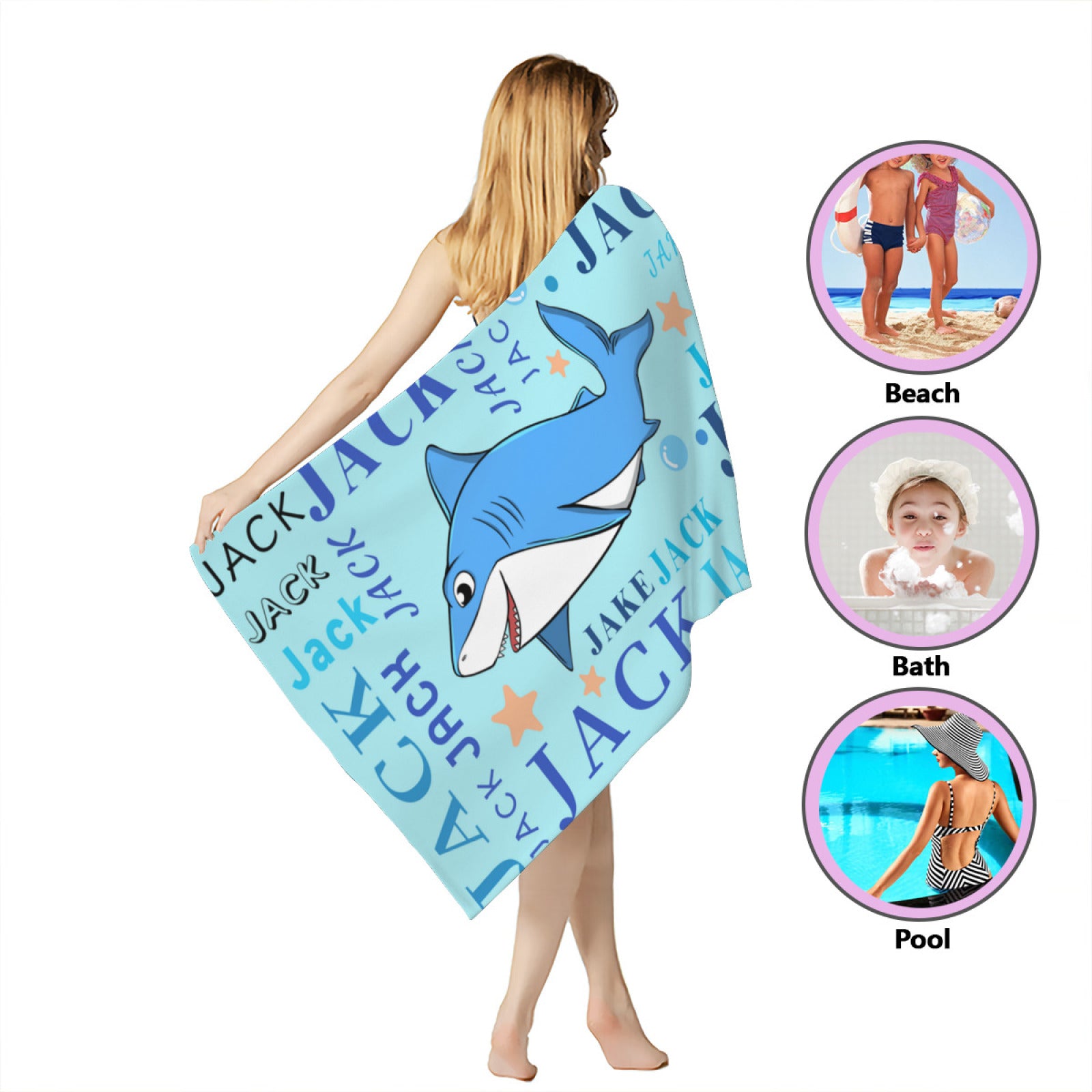 Personalized Cute Shark Beach Towel with Name - Customize Name Gifts - colorfulcustom