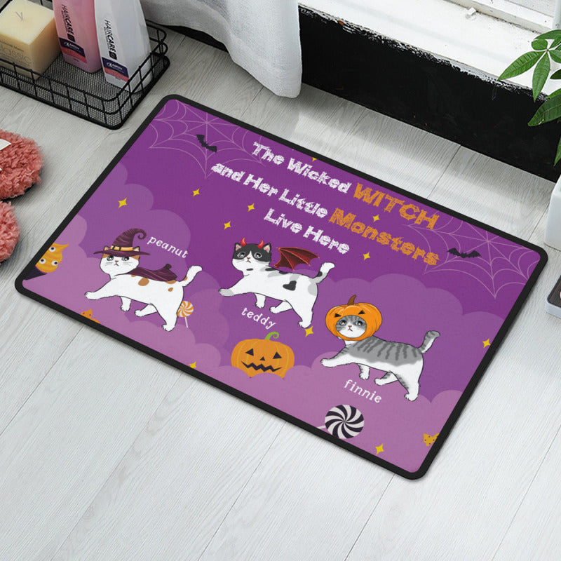 Halloween Walking Fluffy Cats, The Wicked Witch And Meownsters Live Here Personalized Doormat-The Best Gifts For Cat Lovers - colorfulcustom