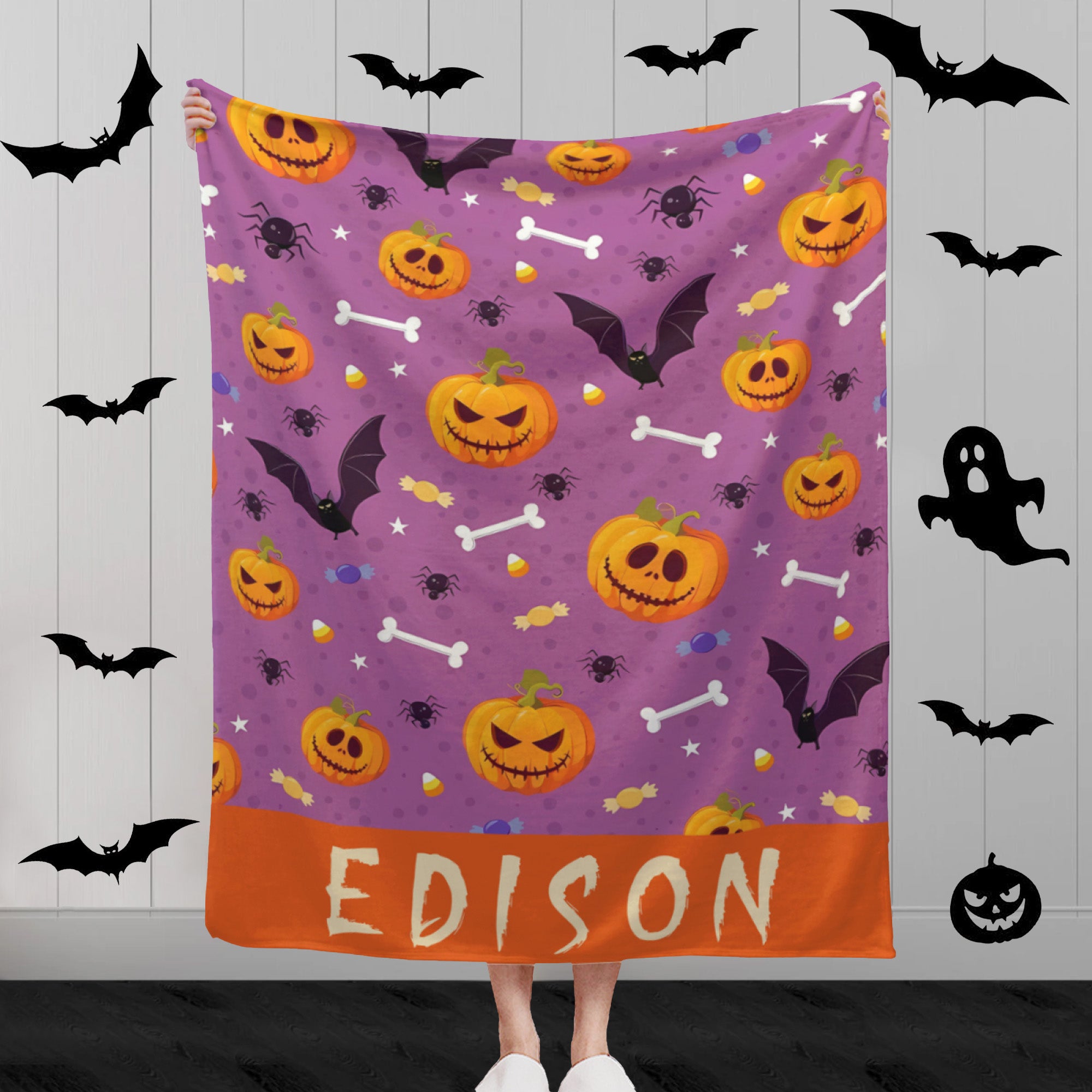Custom Halloween Blanket with Name, Personalized Customized Fleece Blanket Halloween Gifts for  Adults Kids Friends Dog