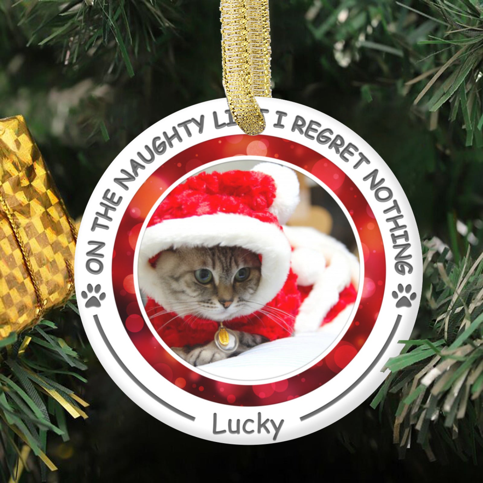 On The Naughty List I Regret Nothing - Personalized Custom Round Shaped Ceramic Photo Christmas Ornament - Upload Image, Gifts For Pet Lovers, Christmas Gifts