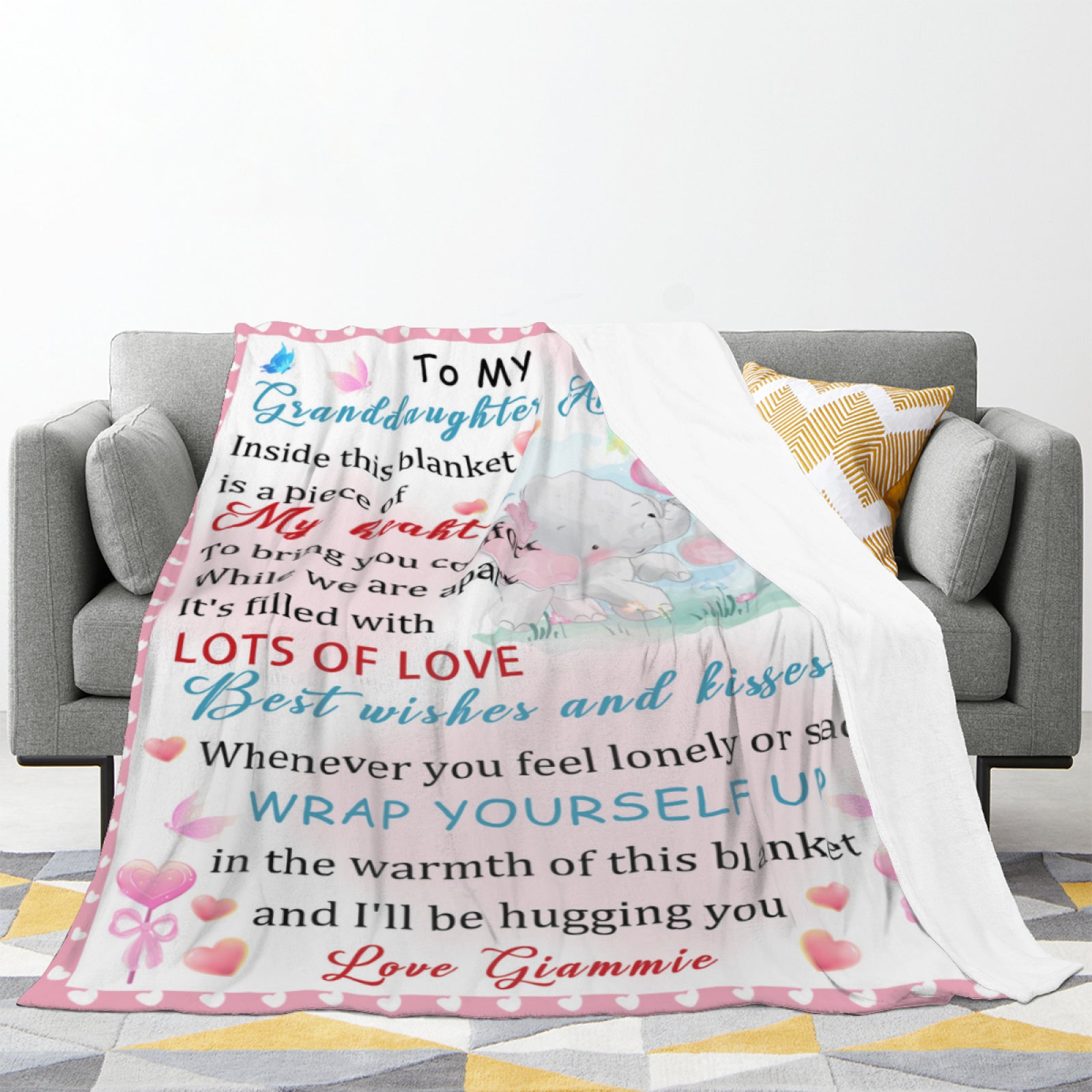 To My Granddaughter, Gifts From Grandma, Custom Blanket Name, Elephant Blanket, Family Blanket