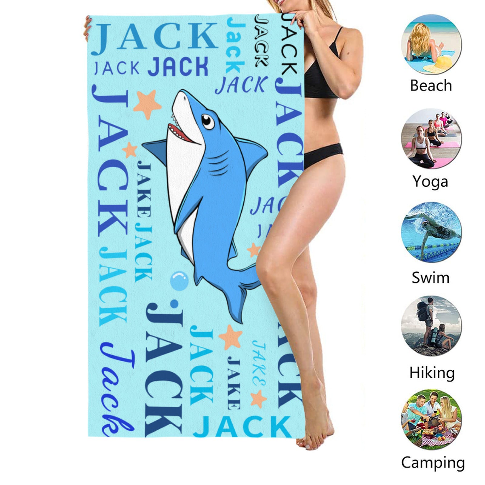 Personalized Cute Shark Beach Towel with Name - Customize Name Gifts - colorfulcustom