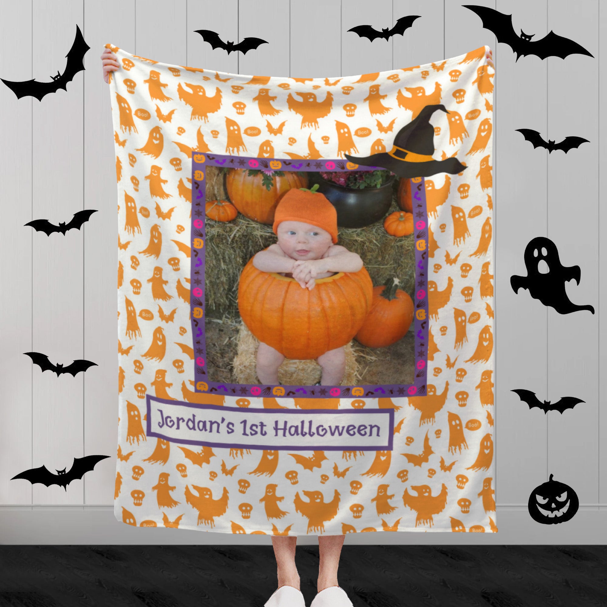 Baby's First Halloween Blanket with Photo and Name, Personalized Halloween Throw Blankets, Customized Blankets with Photos Gifts for Baby's First Halloween