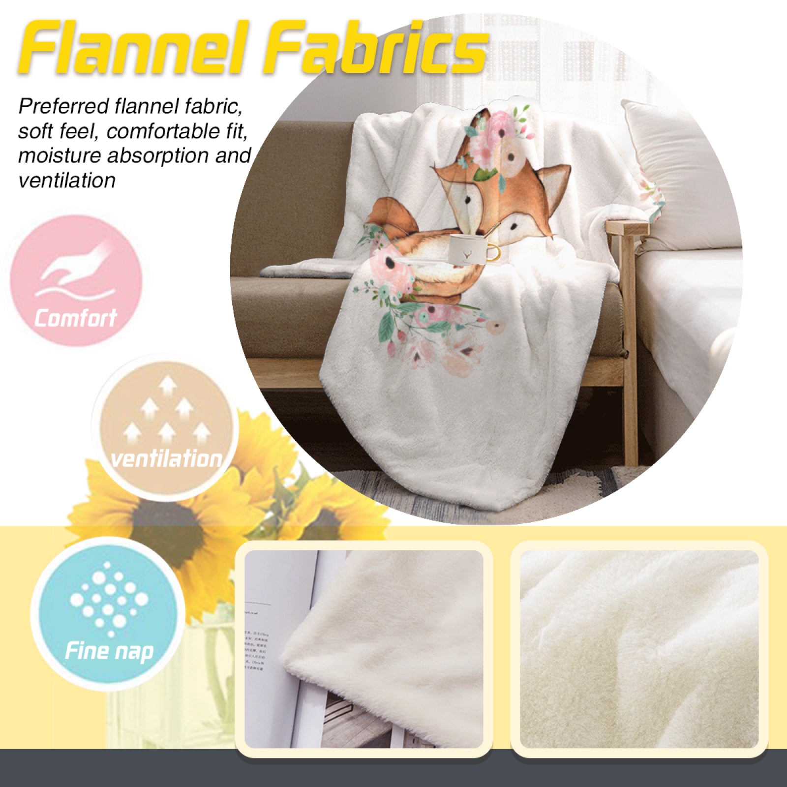 Floral Cute Fox Personalized Blanket With Name - Best Gifts For Kids