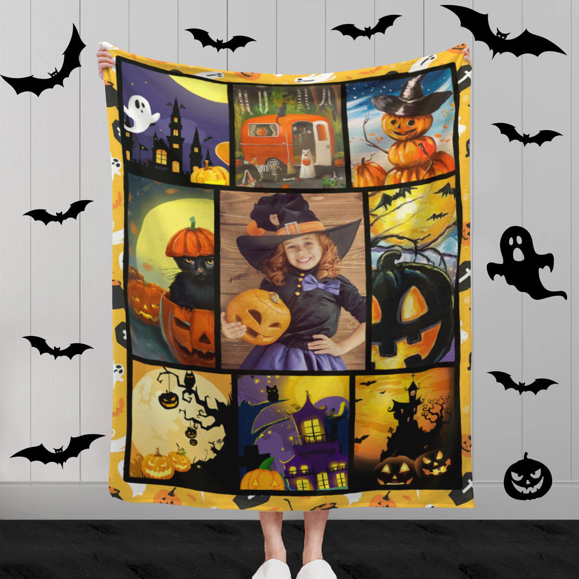 Custom Halloween Blanket with Photo, Personalized Halloween Throw Blankets, Customized Blankets with Photos for Adults Kids Friends Dog