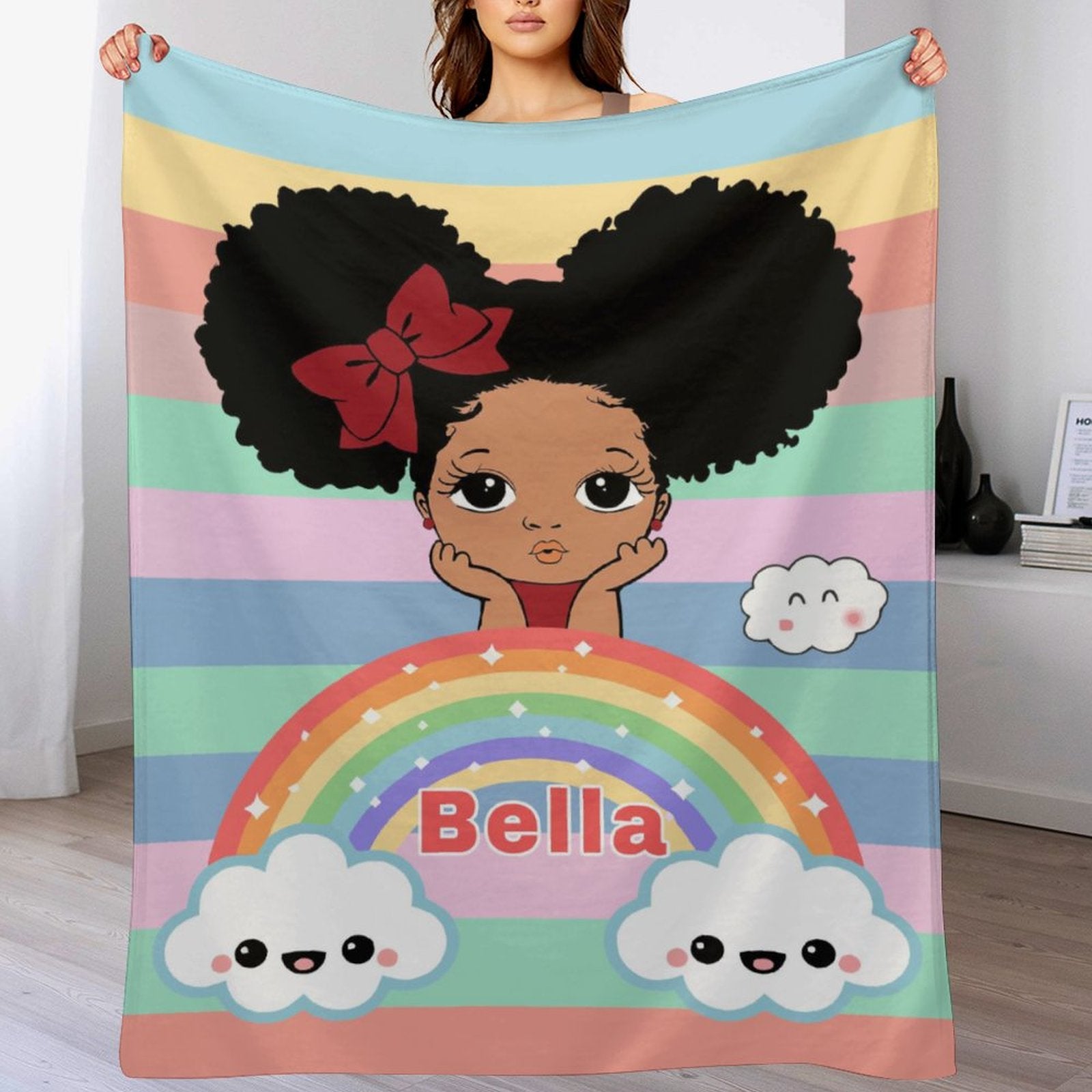 Personalized Black Girls Magic Blanket, Custom American African Throw Blanket with Name, Soft Fleece Blanket for Baby Toddler Kids Bedroom Daycare