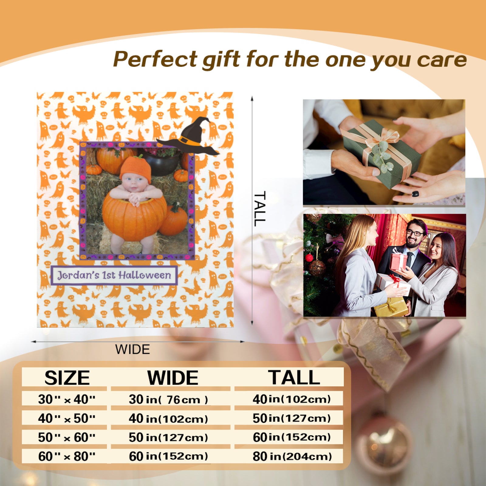 Baby's First Halloween Blanket with Photo and Name, Personalized Halloween Throw Blankets, Customized Blankets with Photos Gifts for Baby's First Halloween