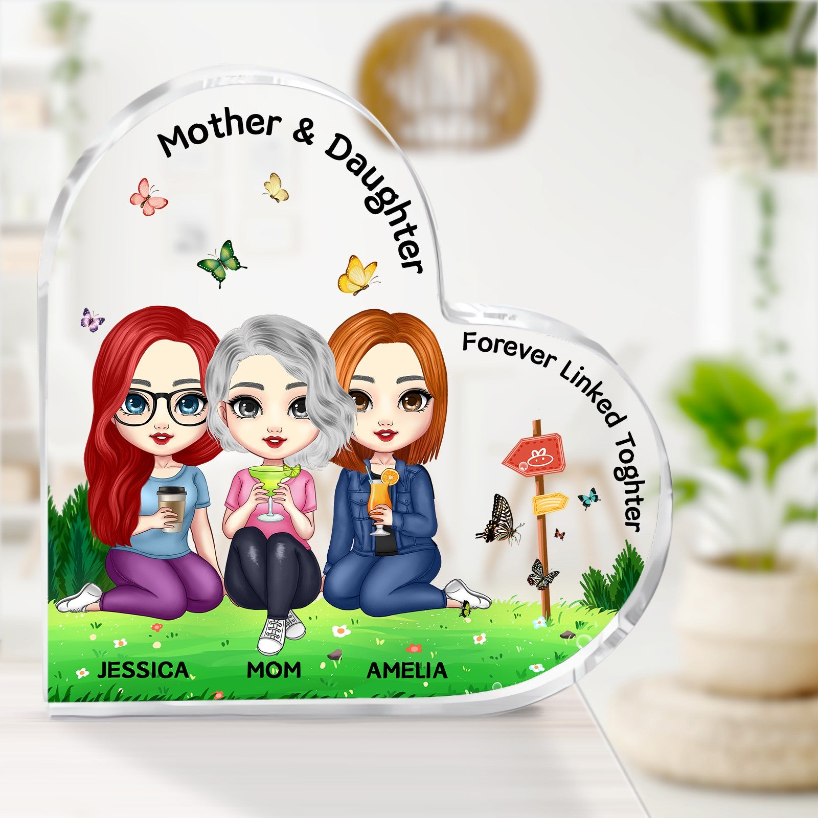 Personalized Acrylic Heart Plaque Pretty Cartoon Sitting Mom Daughter Forever Linked Together - colorfulcustom
