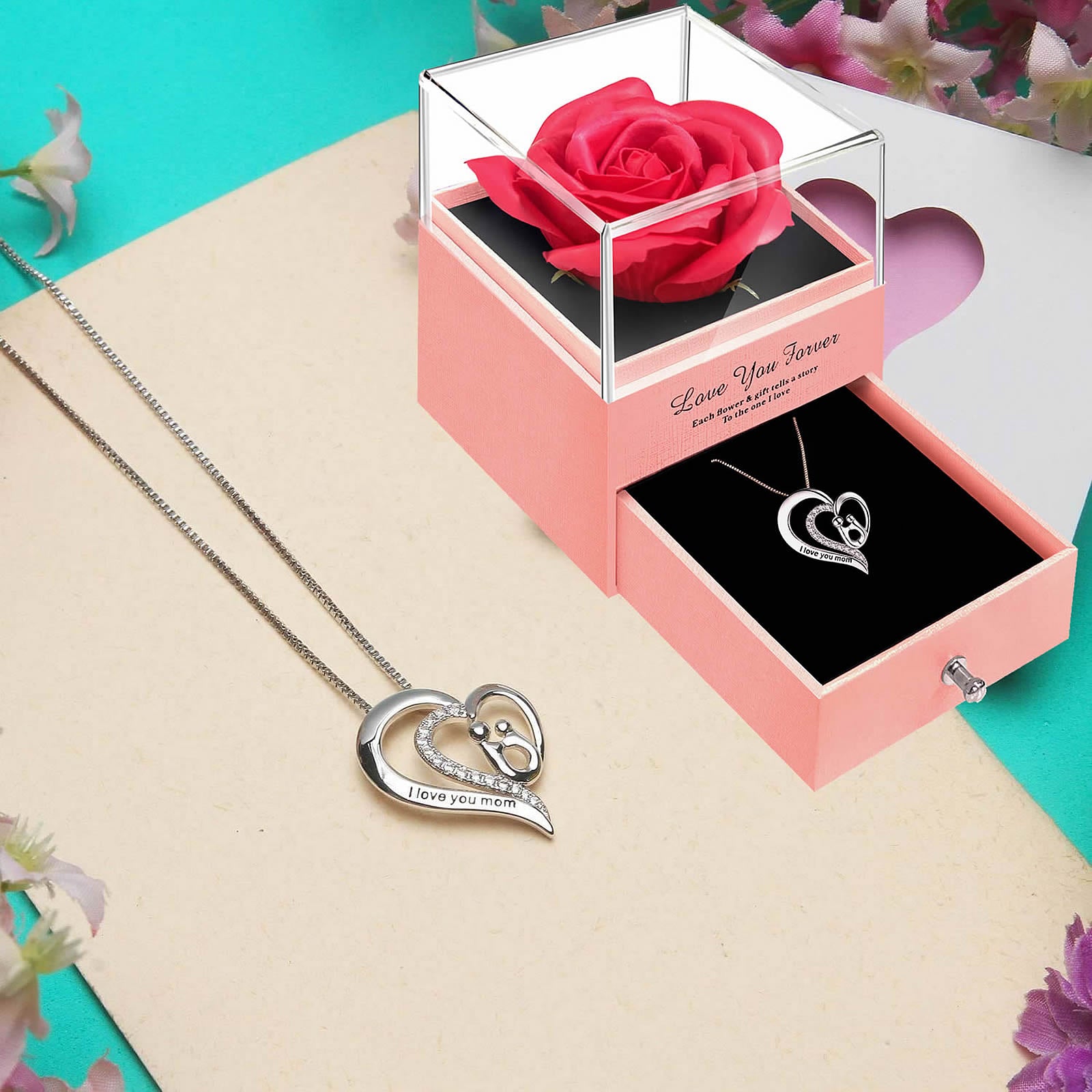 Preserved red rose with "I Love You Mom" jewelry - perfect Mother's Day gift . Ideal for birthdays, and anniversaries. - colorfulcustom